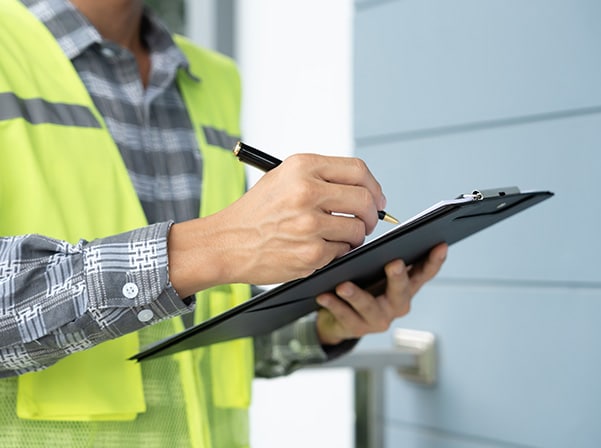 Foundation Solutions Group inspector taking notes during a free home inspection.