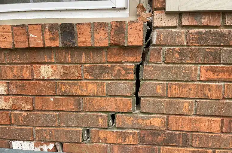 Damaged brick foundation wall and significant cracks illustrating foundation issues and repair needs.